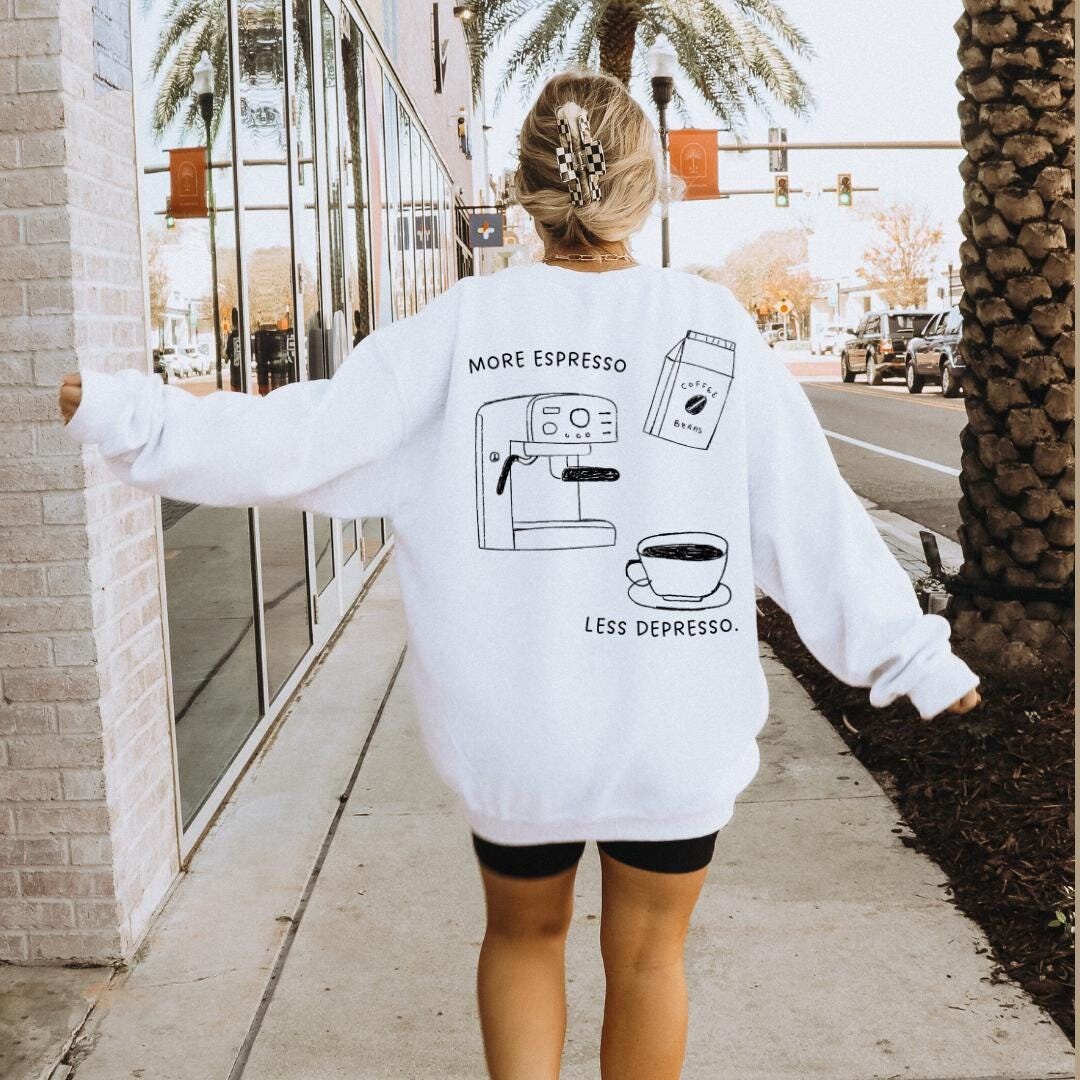 More Espresso Less Depresso Retro Coffee Mug Sweatshirt Lover Sweater Porta Filter Machine Gift 90 Graphic Back Print Breakfast Y2K von CincerelyYoursShop