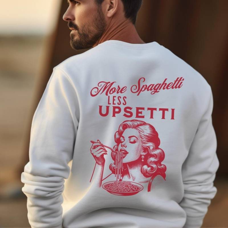 More Spaghetti Less Regretti Italian Pasta Lover Sweatshirt Retro Summer Hoodie Back Print 70S Vintage Gift Italy Girl Food Graphic von CincerelyYoursShop