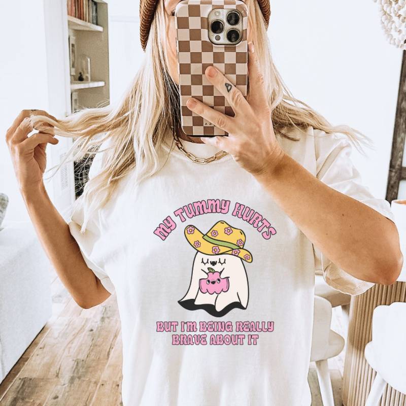 My Tummy Hurts But Im Being Really Breave About It Western Cute Ghost Shirt Funny Meme Pumpkin Halloween Gift Silly Pinterest Y2K Sarcasm 90 von CincerelyYoursShop