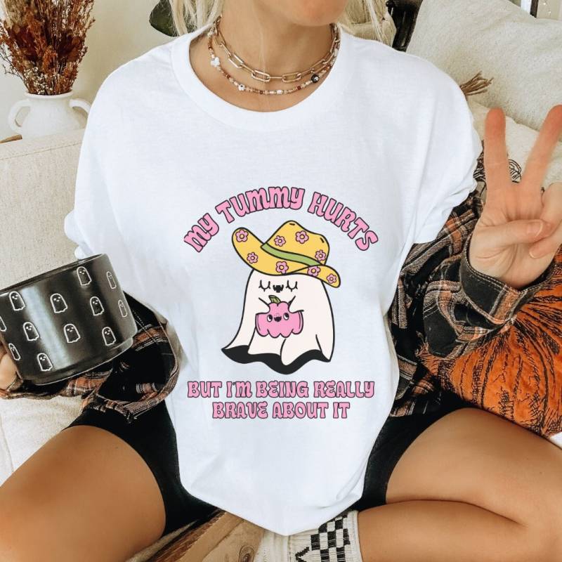 My Tummy Hurts But Im Being Really Breave About It Western Cute Ghost Shirt Funny Meme Pumpkin Halloween Gift Silly Pinterest Y2K Sarcasm 90 von CincerelyYoursShop
