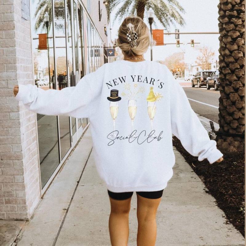 New Year S Just A Prosecco Away Personalized Sweatshirt Champagne New Years Eve Matching Party Pullover Y2K Cocktail Lover Gift 90S Nye Name von CincerelyYoursShop