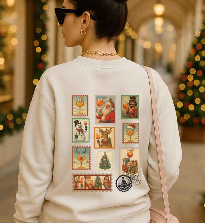 Orange Spritz Cocktail Christmas Sweatshirt Retro Stamp Style Back Print Santa Pocket Reindeer Italian Aperitif Holiday Gift Unhinged Funny von CincerelyYoursShop