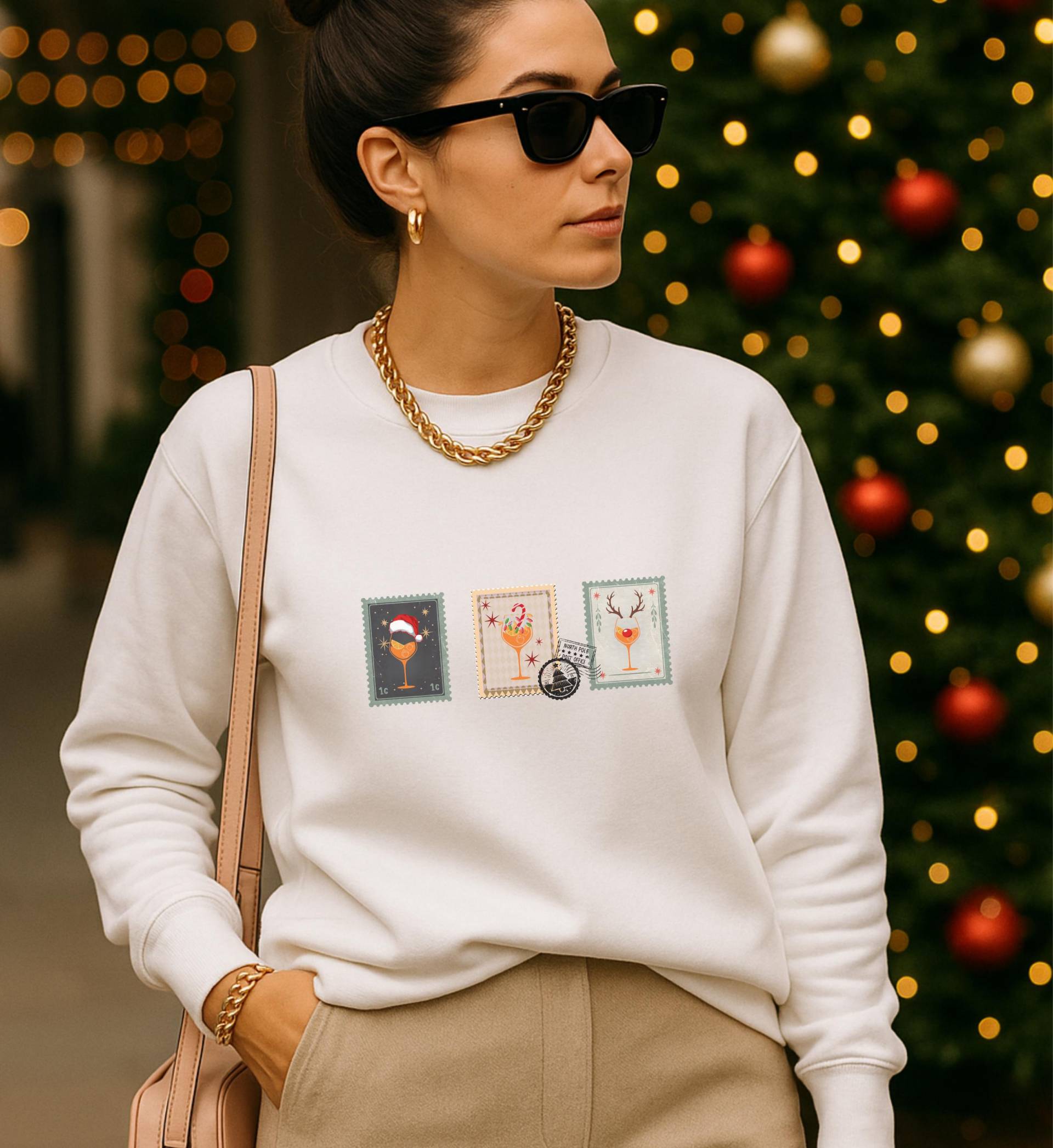 Orange Spritz Cocktail Christmas Sweatshirt Retro Stamp Style Santa Hat Candy Cane Reindeer Italian Aperitif Holiday Gift Matching Crew Tees von CincerelyYoursShop