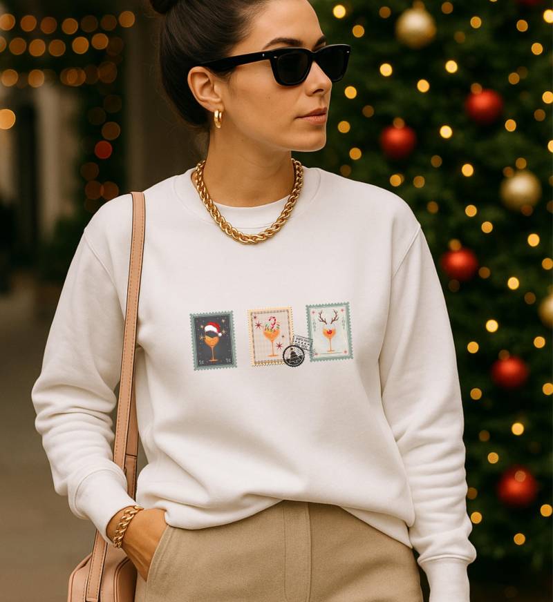 Orange Spritz Cocktail Christmas Sweatshirt Retro Stamp Style Santa Hat Candy Cane Reindeer Italian Aperitif Holiday Gift Matching Crew Tees von CincerelyYoursShop