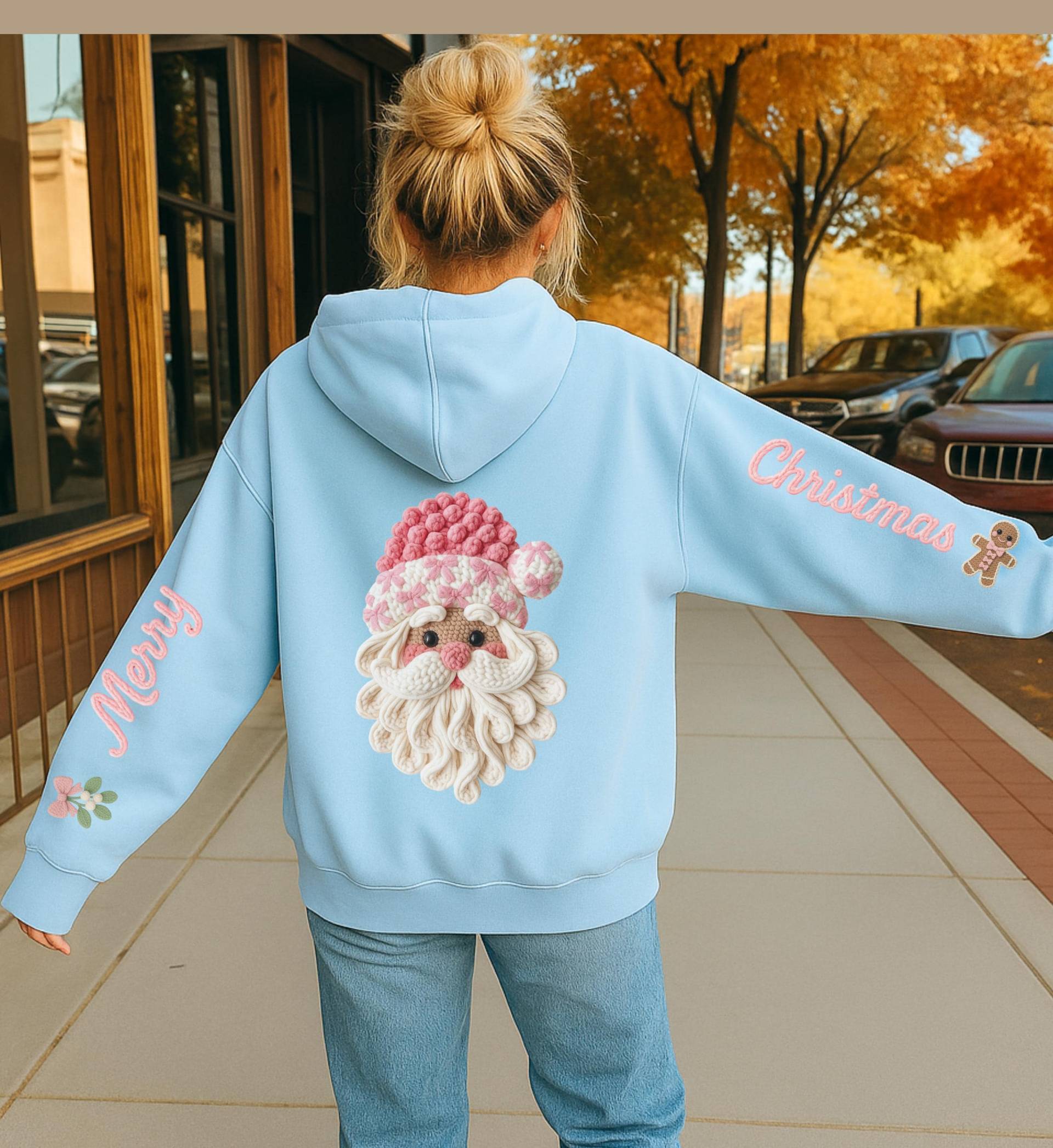 Pink Knitted Santa Claus Coquette Christmas Hoodie Cute Gingerbread Sleeve Print Back Ugly Holiday Sweater Merry Christmas Unhinged Funyy von CincerelyYoursShop