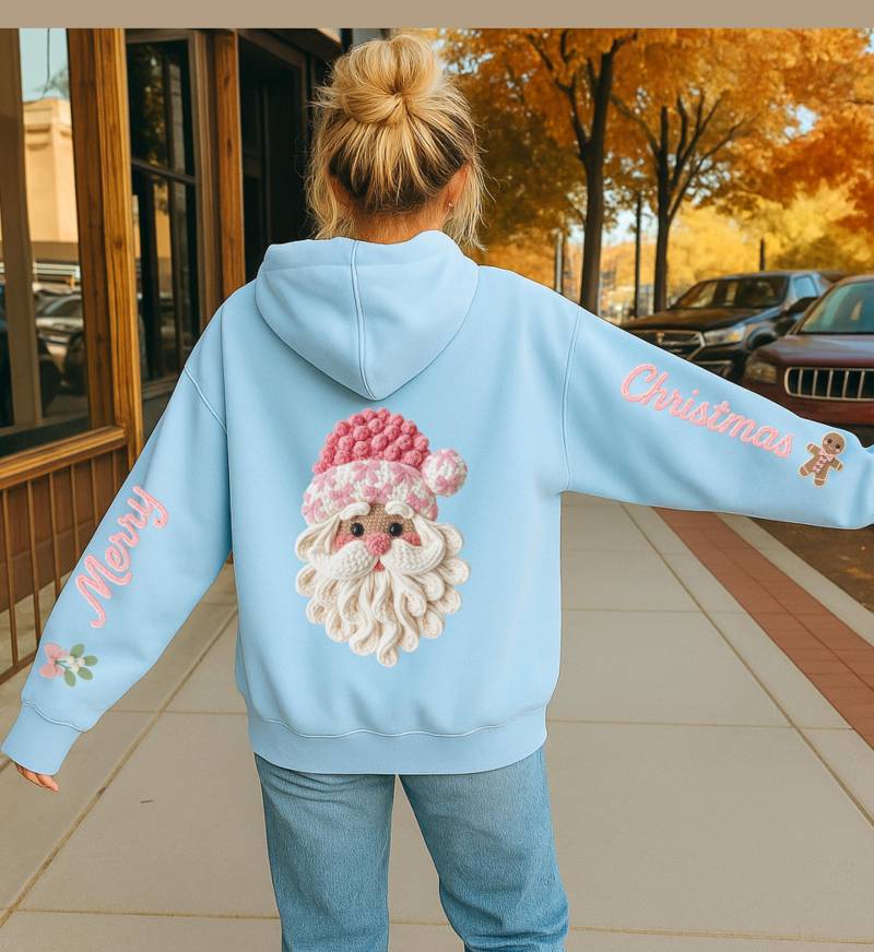 Pink Knitted Santa Claus Coquette Christmas Hoodie Cute Gingerbread Sleeve Print Back Ugly Holiday Sweater Merry Christmas Unhinged Funyy von CincerelyYoursShop