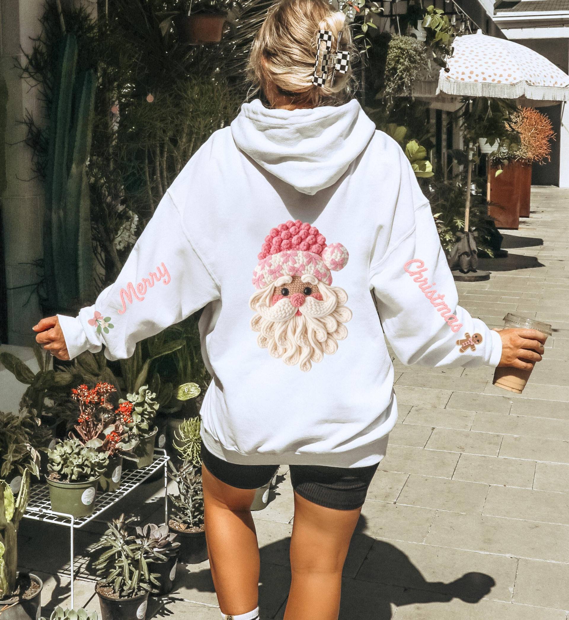 Pink Knitted Santa Claus Coquette Christmas Hoodie Cute Gingerbread Sleeve Print Back Ugly Holiday Sweater Merry Christmas Unhinged Funyy von CincerelyYoursShop