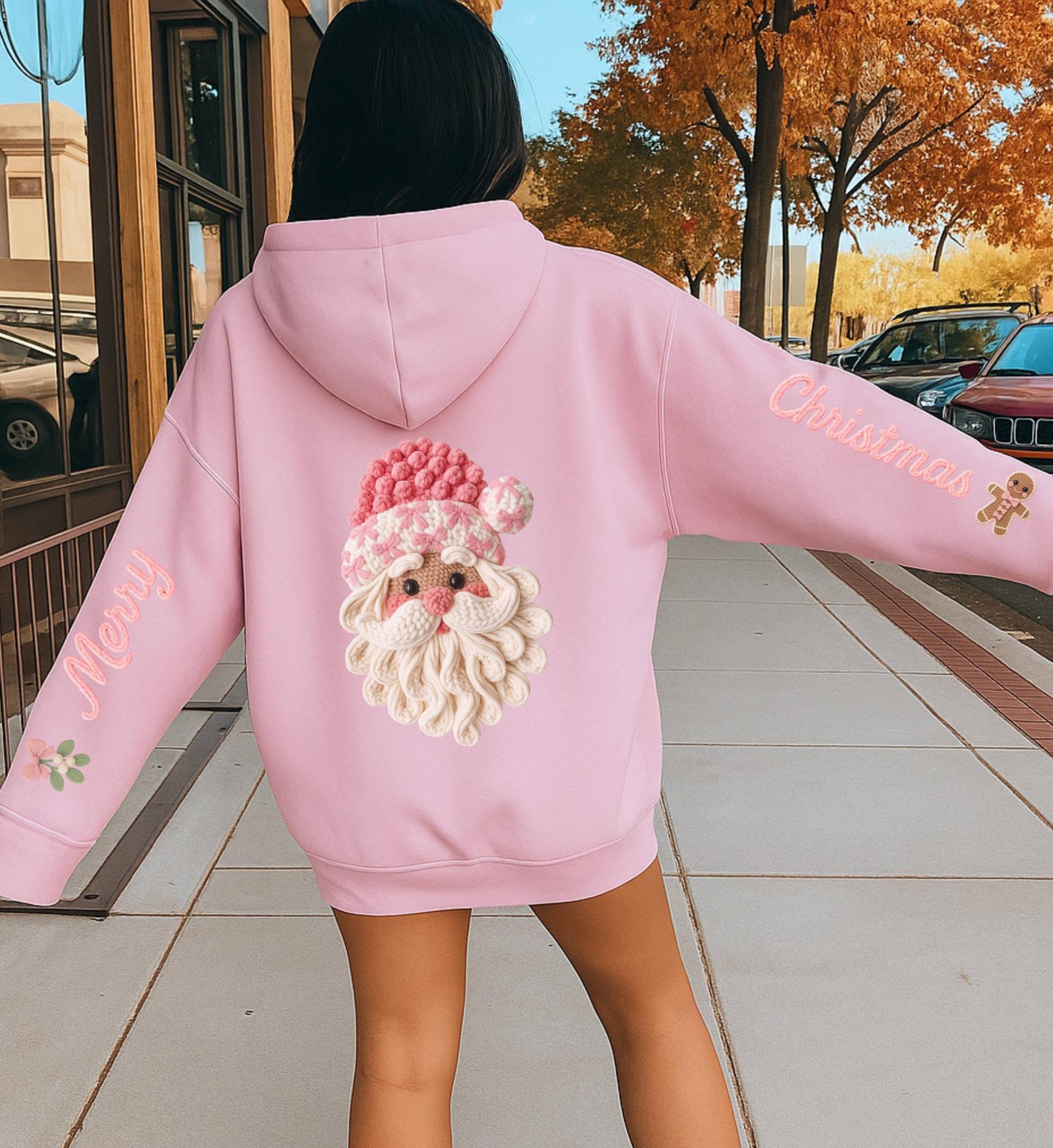 Pink Knitted Santa Claus Coquette Christmas Hoodie Cute Gingerbread Sleeve Print Back Ugly Holiday Sweater Merry Christmas Unhinged Funyy von CincerelyYoursShop