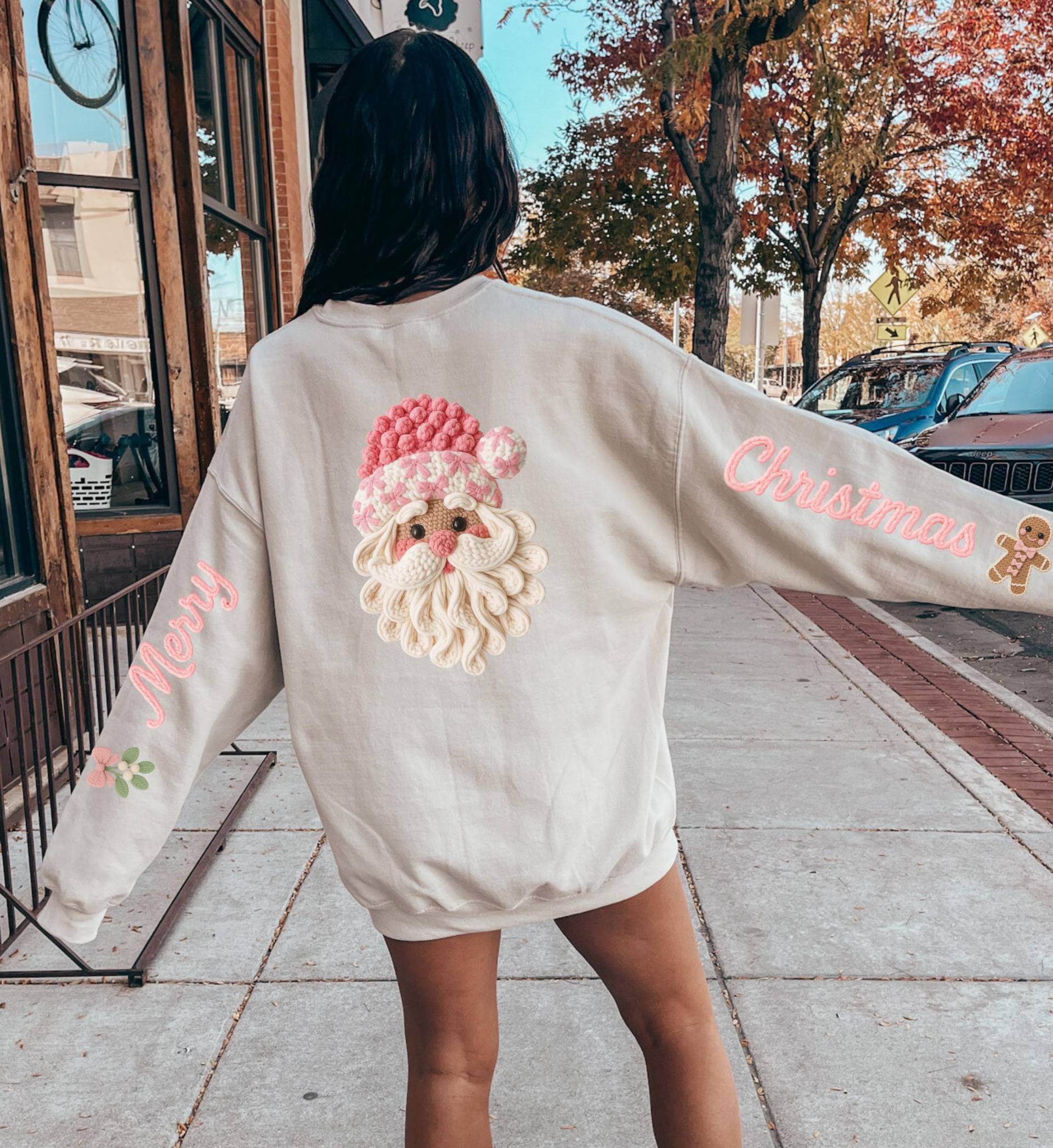 Pink Knitted Santa Sweatshirt Crochet Coquette Ugly Christmas Sweater Gingerbread Sleeve Print Soft Holiday Vintage Girly Winter Gift Bestie von CincerelyYoursShop