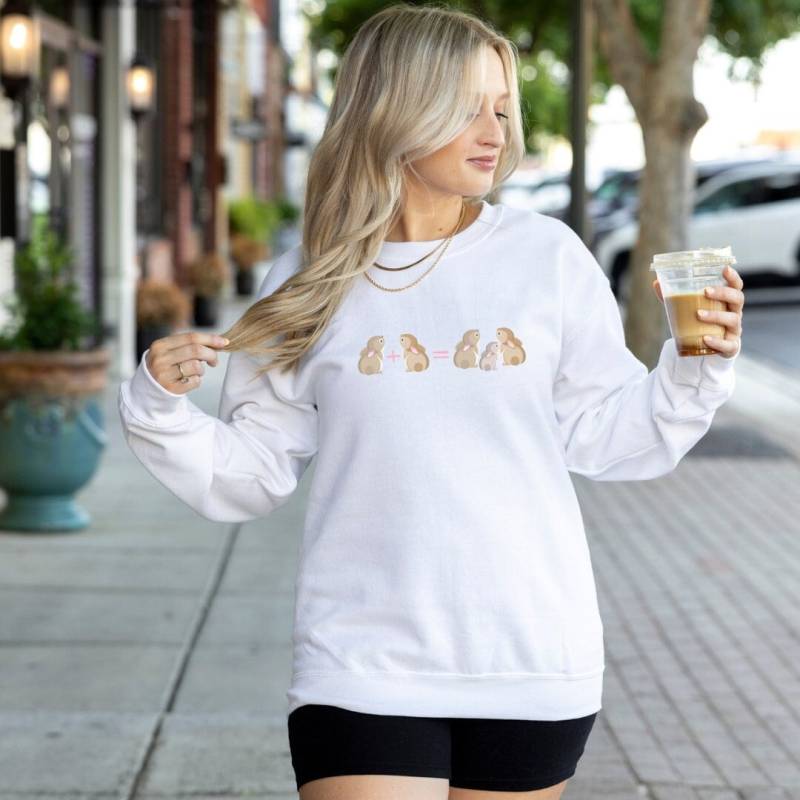 Pregnancy Announcement Shirt Easter Bunny Holiday Sweater 1+1 = 3 Is Pregnant Retro Mommy To Be Pullover Baby Rabbit von CincerelyYoursShop