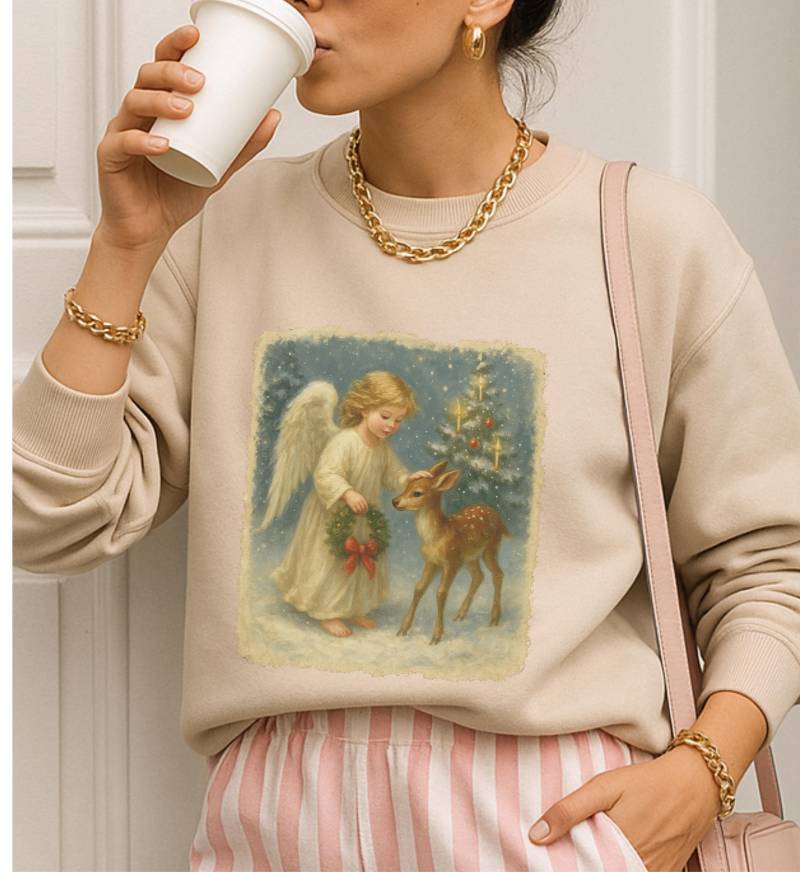 Retro Christmas Angel Deer Sweatshirt Vintage Holiday Sweater Nostalgic Aesthetic Gift Art Jumper Her Winter Messy Coquette von CincerelyYoursShop