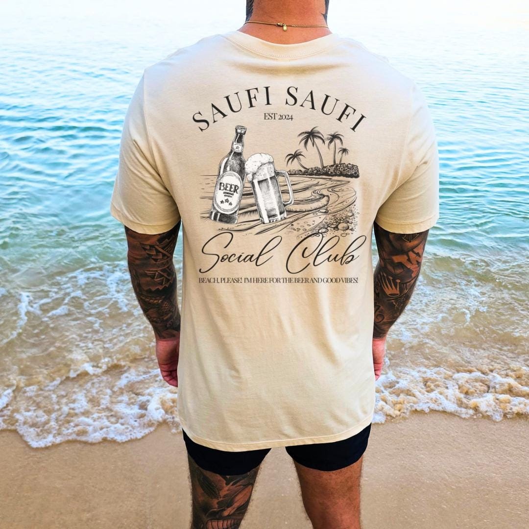 Saufi Social Club Beer Party Shirt Malle 2024 Beach Back Print Name Mallorca Vacay Group Jga Girls-Trip Boys Personalized Beer Mug Y2K von CincerelyYoursShop