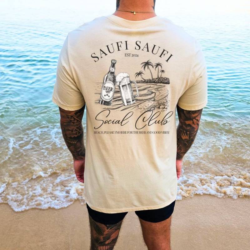 Saufi Social Club Beer Party Shirt Malle 2024 Beach Back Print Name Mallorca Vacay Group Jga Girls-Trip Boys Personalized Beer Mug Y2K von CincerelyYoursShop