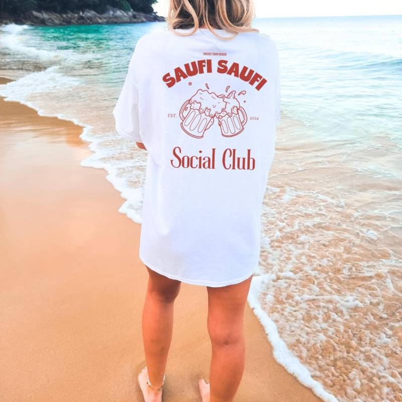 Saufi Social Club Bier Party Shirt Malle Back Print Mallorca Vacay October Group Girls-Trip Büro Party Personalized Spring Break Y2K von CincerelyYoursShop