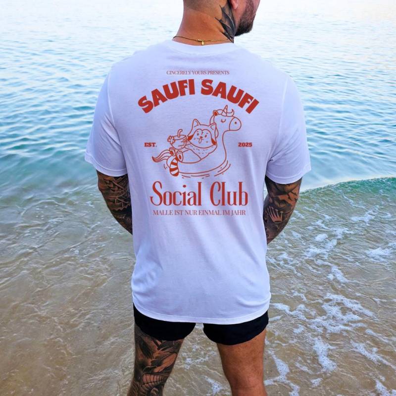Saufi Social Club Raccoon Party Shirt Malle 2025 Unisex Unicorn Back Print Mallorca Holiday Group Jga Girls Trip Personalized Cocktail von CincerelyYoursShop