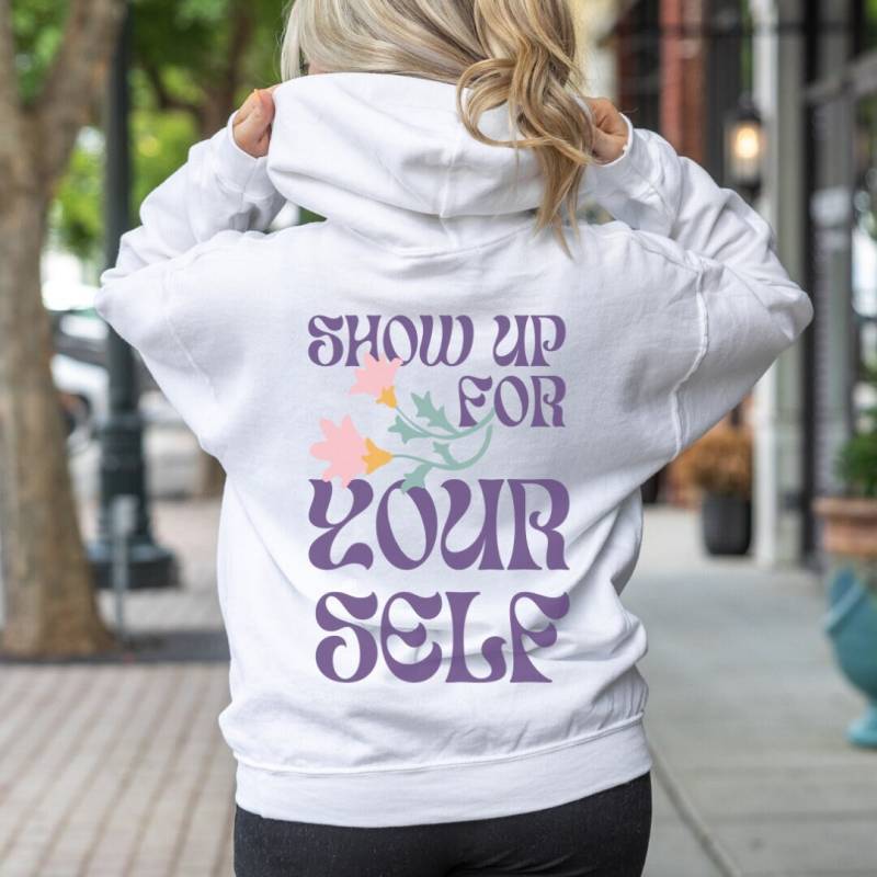 Show Up For Yourself Retro Wildflower Back Print Oversized Hoodie Vintage Self Love Pocket Flower Feminism Gift 90S Botanic Y2K von CincerelyYoursShop