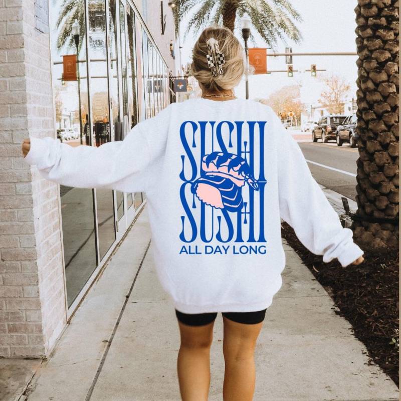 Sushi All Day Long Shirt Retro Nigiri Japanese Food Lover Sweatshirt Back Print 90S Hoodie Vintage Gift Art Graphic Y2K von CincerelyYoursShop