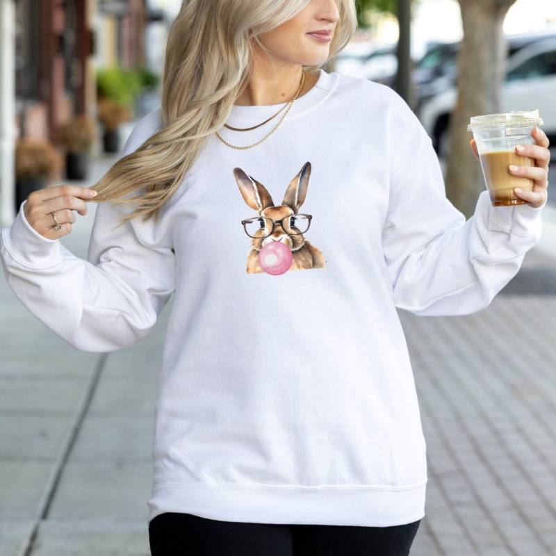 Watercolor Bunny With Glasses Shirt Gift Mothers Day Sweater Osterhase Grafik Teenager Ostershirt Frauen Bubble Gum Bunny Sweatshirt Y2K von CincerelyYoursShop