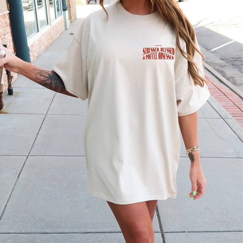 stressed Blessed & Coffee Obsessed Retro Mug Shirt Espresso Lover Mothers Day Gift 90S Graphic Tshirt Back Print Y2K Breakfast von CincerelyYoursShop