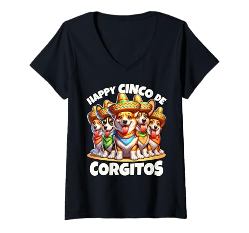 Damen Corgi Happy Cinco De Corgitos Cinco De Mayo Corgi T-Shirt mit V-Ausschnitt von Cinco De Mayo Corgi Damen Herren
