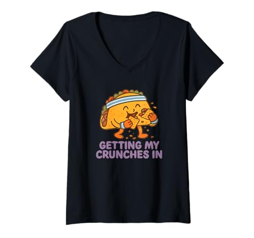 Damen Getting My Crunches In Gym Workout Lustiger Taco T-Shirt mit V-Ausschnitt von Cinco De Mayo Fiesta Novelty Apparel