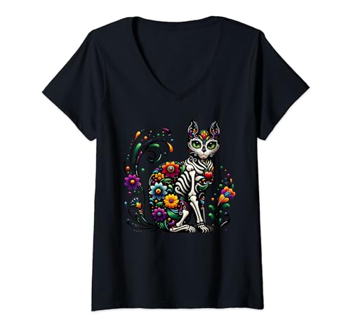 Damen Dia De Los Muertos Cinco De Mayo Katze Sugar Skull Herren Damen T-Shirt mit V-Ausschnitt Damen Dia De Los Muertos Cinco De Mayo Katze Sugar Skull Herren Damen T-Shirt mit V-Ausschnitt von Cinco de Mayo Fro Skeleton Cat Sugar Skull