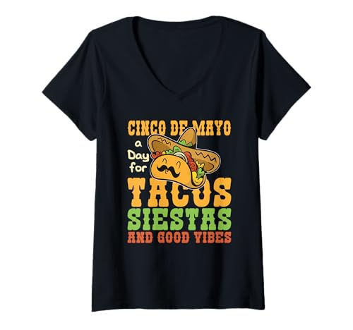 Damen Cinco de Mayo Tacos Siestas and Good Vibes T-Shirt mit V-Ausschnitt Damen Cinco de Mayo Tacos Siestas and Good Vibes T-Shirt mit V-Ausschnitt von Cinco de Mayo Funny Food Designs