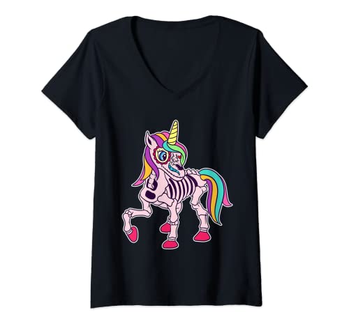 Damen Unicorn Dia De Los Muertos Sugar Skull Skelett Einhorn T-Shirt mit V-Ausschnitt Damen Unicorn Dia De Los Muertos Sugar Skull Skelett Einhorn T-Shirt mit V-Ausschnitt von Cinco de Mayo Unicorn Einhorn Halloween Party