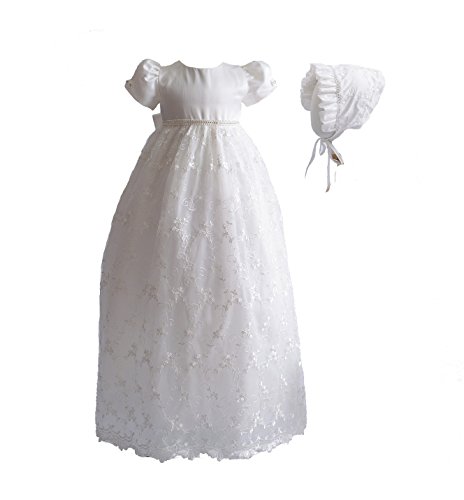 Cinda Baby-Mädchen-Spitze-langes Taufkleid mit Mütze, Elfenbein, 56-62 (Herstellergröße: 3M) von Cinda