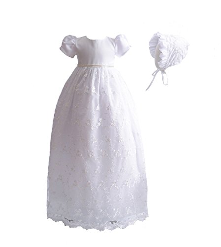 Cinda Baby-Mädchen-Spitze-langes Taufkleid mit Mütze, Weiß, 62-68 (Herstellergröße: 6M) von Cinda