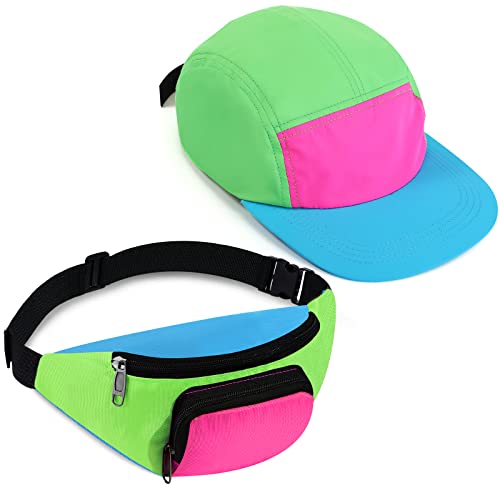Cindeer 2 Stück 80er 90er Neon Gürteltasche und Baseball Kappe Retro Gürteltasche Trucker Kappe für Damen Herren Party (Grün) von Cindeer