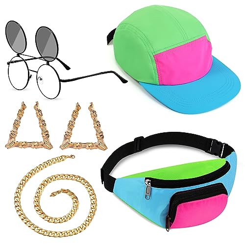 Cindeer 5 Stück 80er 90er Kostüm Accessoires Neon Gürteltasche Kappe Sonnenbrille Golden Kette Ohrringe (Süße Farbe) von Cindeer