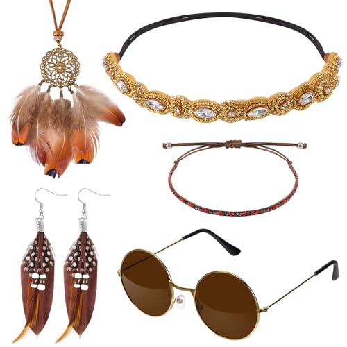 Cindeer 5 Stück Indianer Hippie Kostüm Set inklusive Boho Hippie Stirnband Armband Retro Runde Sonnenbrille Feder Ohrringe Feder Anhänger Halskette Vintage Stamm Mottoparty Karneval für Damen von Cindeer