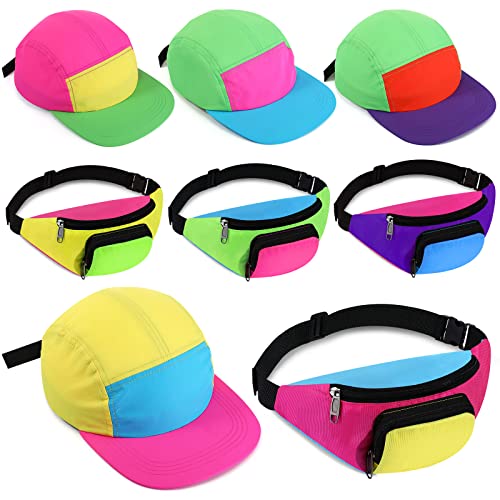 Cindeer 8 Stück 80er 90er Neon Gürteltaschen Kappen Nylon Baseball Kappen Hüfttaschen Set für Damen Herren Halloween Sommer Reise Party Outfit Hip Hop Kostüm Feiertag Festival von Cindeer