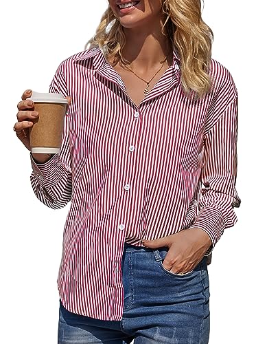 Cindeyar Bluse Damen Elegant Streifenbluse Langarm Hemd Casual Büro Arbeit Bluse Baumwolle Hemdbluse Oberteile mit Knöpfen(M,Z Rot) von Cindeyar