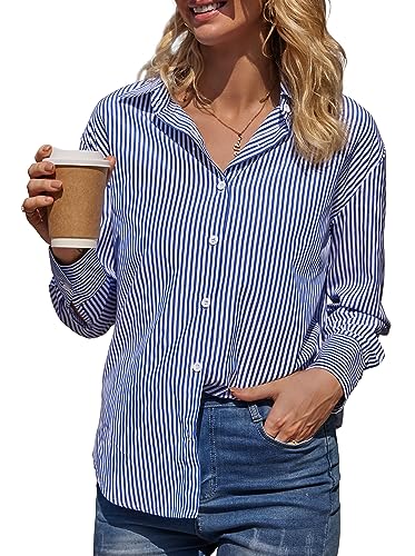 Cindeyar Bluse Damen Elegant Streifenbluse Langarm Hemd Casual Büro Arbeit Bluse Baumwolle Hemdbluse Oberteile mit Knöpfen(XL,Z Blau) von Cindeyar