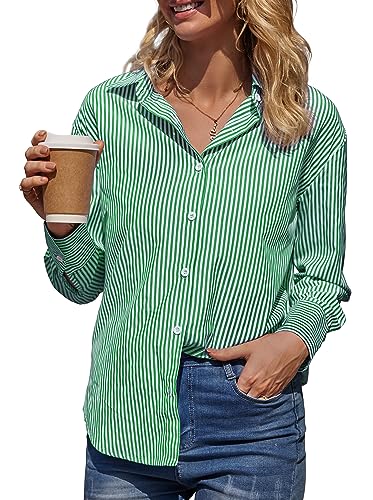 Cindeyar Bluse Damen Elegant Streifenbluse Langarm Hemd Casual Büro Arbeit Bluse Baumwolle Hemdbluse Oberteile mit Knöpfen(XL,Z Grün) von Cindeyar