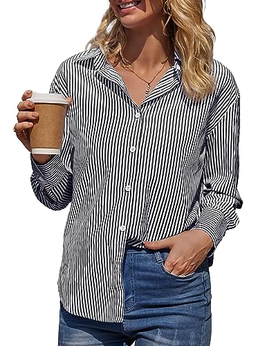 Cindeyar Bluse Damen Elegant Streifenbluse Langarm Hemd Casual Büro Arbeit Bluse Baumwolle Hemdbluse Oberteile mit Knöpfen(XXL,Z Schwarz) von Cindeyar