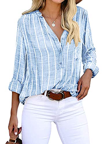 Cindeyar Bluse Damen Langarm Streifen Oberteile Casual Langarmshirt Tops Lose Baumwolle Tunika Hemd (L, Blau) von Cindeyar