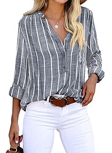 Cindeyar Bluse Damen Langarm Streifen Oberteile Casual Langarmshirt Tops Lose Baumwolle Tunika Hemd (L, Dunkelblau) von Cindeyar