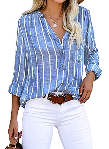 Cindeyar Bluse Damen Langarm Streifen Oberteile Casual Langarmshirt Tops Lose Baumwolle Tunika Hemd (L, Navyblau) von Cindeyar