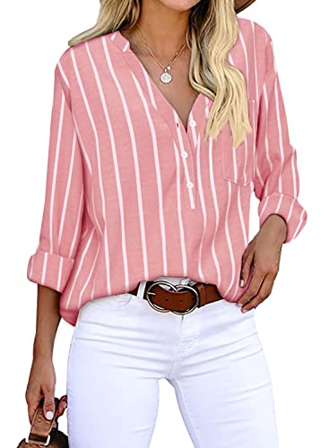 Cindeyar Bluse Damen Langarm Streifen Oberteile Casual Langarmshirt Tops Lose Baumwolle Tunika Hemd (L, W Rot) von Cindeyar