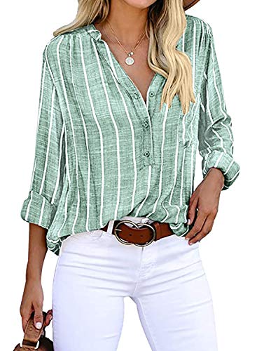 Cindeyar Bluse Damen Langarm Streifen Oberteile Casual Langarmshirt Tops Lose Baumwolle Tunika Hemd (M, Grün) von Cindeyar