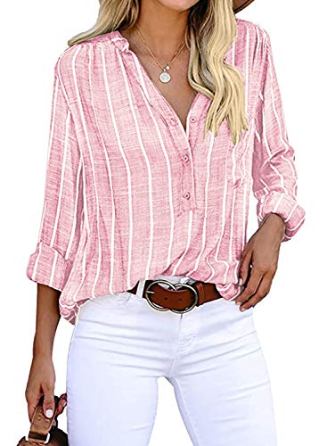 Cindeyar Bluse Damen Langarm Streifen Oberteile Casual Langarmshirt Tops Lose Baumwolle Tunika Hemd (M, Rosa) von Cindeyar