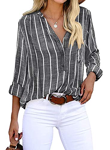 Cindeyar Bluse Damen Langarm Streifen Oberteile Casual Langarmshirt Tops Lose Baumwolle Tunika Hemd (M, Schwarz) von Cindeyar