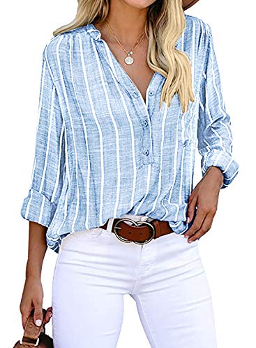 Cindeyar Bluse Damen Langarm Streifen Oberteile Casual Langarmshirt Tops Lose Baumwolle Tunika Hemd (S, Blau) von Cindeyar