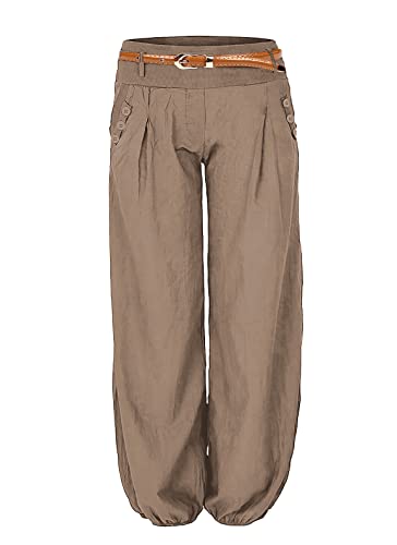 Cindeyar Damen Haremshose Elegant Pumphose Lange Leinen Hose mit Gürtel Aladin Pants (S, Khaki) von Cindeyar