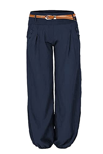 Cindeyar Damen Haremshose Elegant Pumphose Lange Leinen Hose mit Gürtel Aladin Pants (XL, Dunkelblau) von Cindeyar