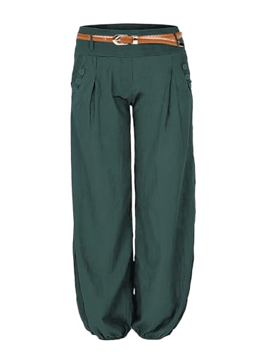 Cindeyar Damen Haremshose Elegant Pumphose Lange Leinen Hose mit Gürtel Aladin Pants (XXL, Grün) von Cindeyar