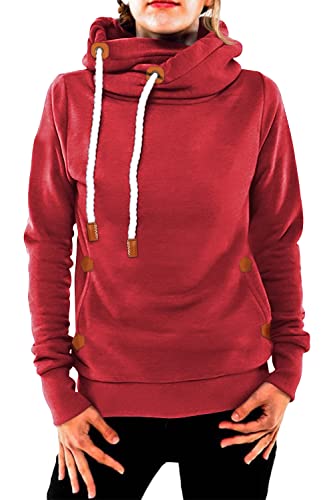 Cindeyar Hoodie Damen Winter Langarm Rollkragen Kapuzenpullover Casual Warmer Baumwoll Pullover Sweatshirt Kordelzug Oberteil mit Taschen(107-Weinrot,S) von Cindeyar